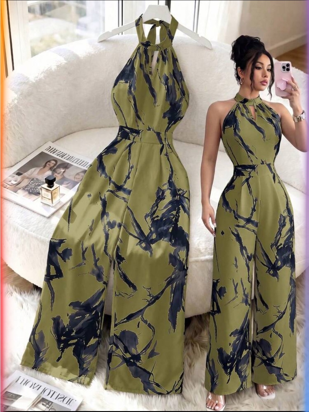 Olive Halter Wide-Leg Jumpsuit with Ink Print